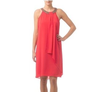 Joseph Ribkoff Women's Jeweled Neckline Sleeveless Vintage Cascade Dress Pink -8